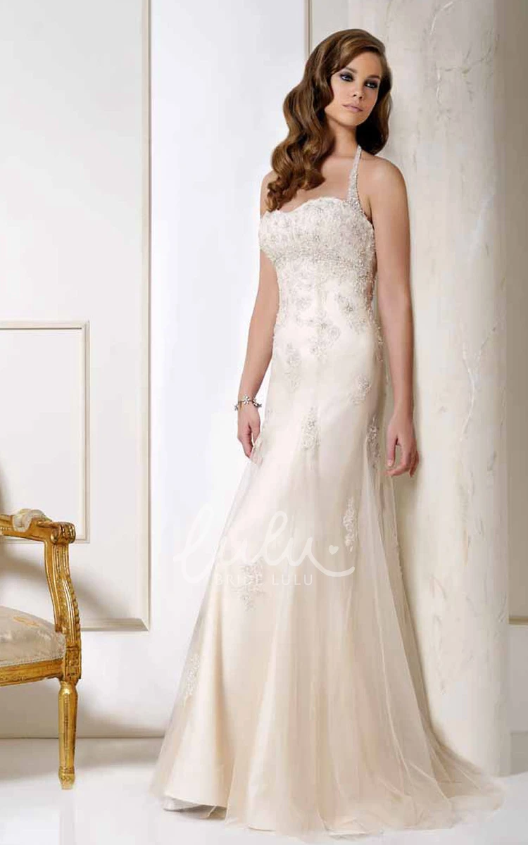 Halter Appliqued Tulle Wedding Dress with Court Train and V-Back Gorgeous Bridal Gown