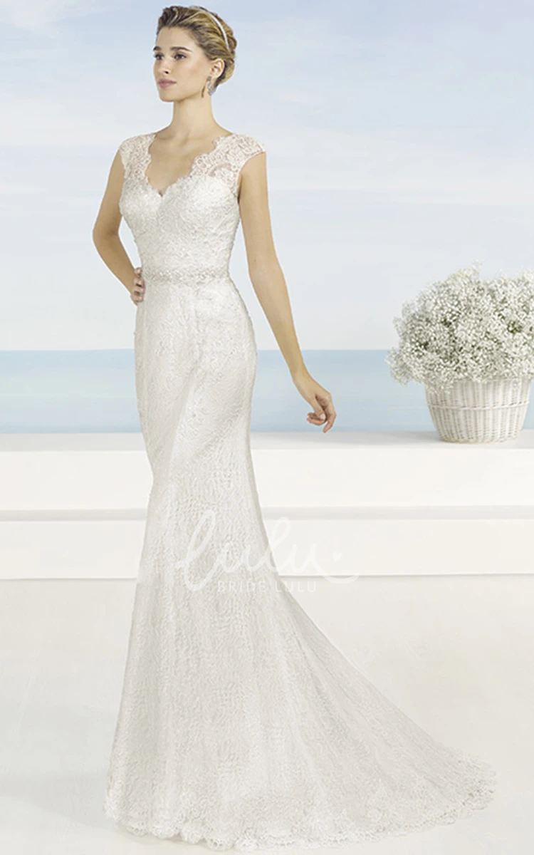 V-Neck Sleeveless Lace Sheath Wedding Dress with Waist Jewelry and Illusion