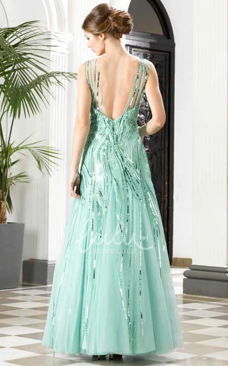 V-Neck Tulle Sequin Pleated A-Line Prom Dress with Low-V Back