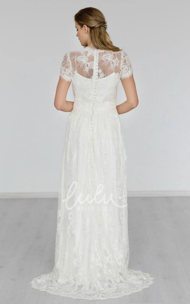 Boho Lace A-Line Wedding Dress with Brush Train High Neck Cap Sleeve