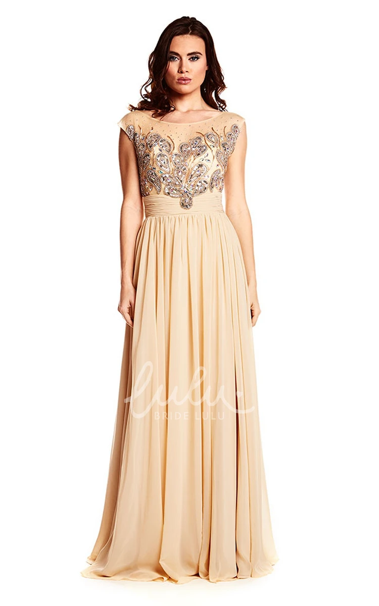 V-Back Chiffon Cap Sleeve Prom Dress Stunning Scoop Neck with Beaded Details