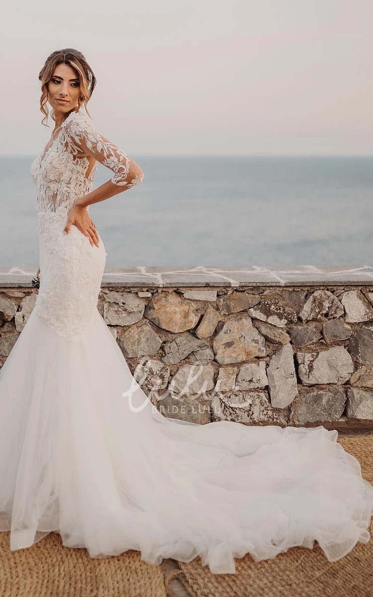 Simple Organza Mermaid Beach Wedding Dress Bridal Gown with Illusion Back and Appliques