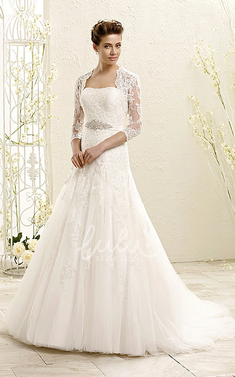 Strapless Lace and Tulle Wedding Dress with Appliques A-Line Long with Waist Jewelry