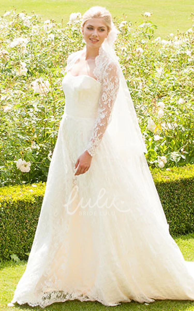 Appliqued Lace Wedding Dress with Long Sleeves Strapless Floor-Length
