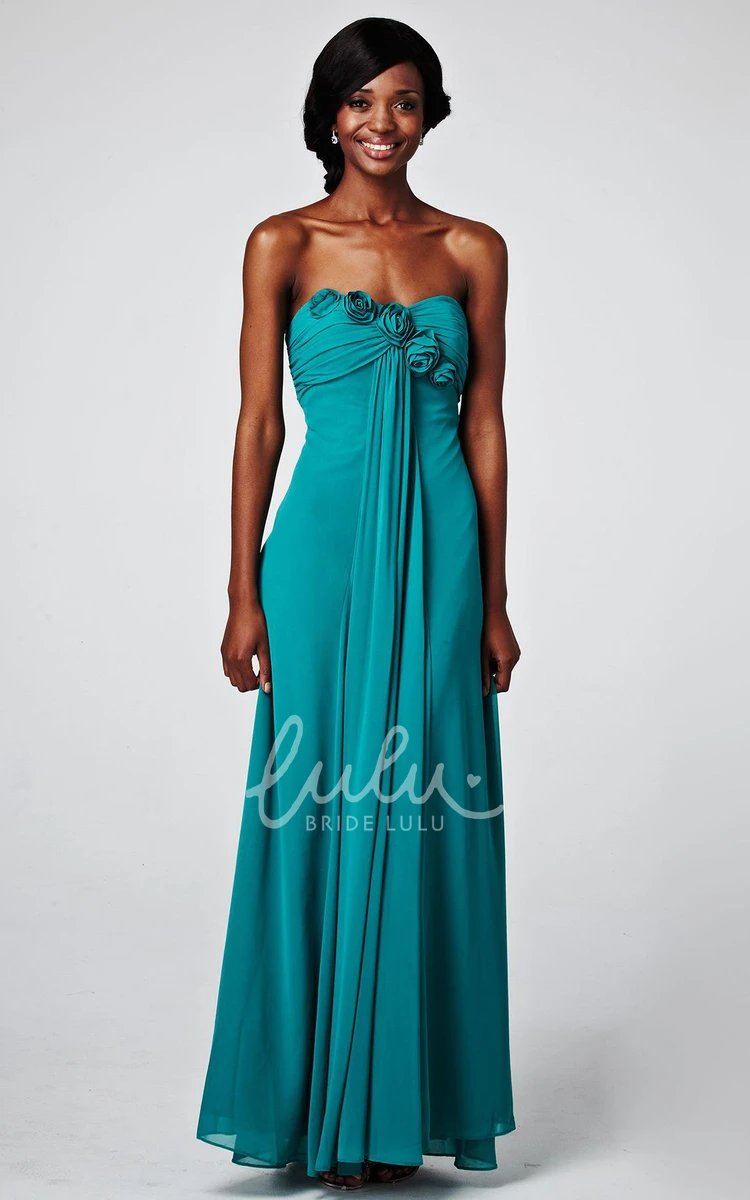 Strapless Chiffon Sheath Prom Dress with Ruching and Flower Floor-Length Style