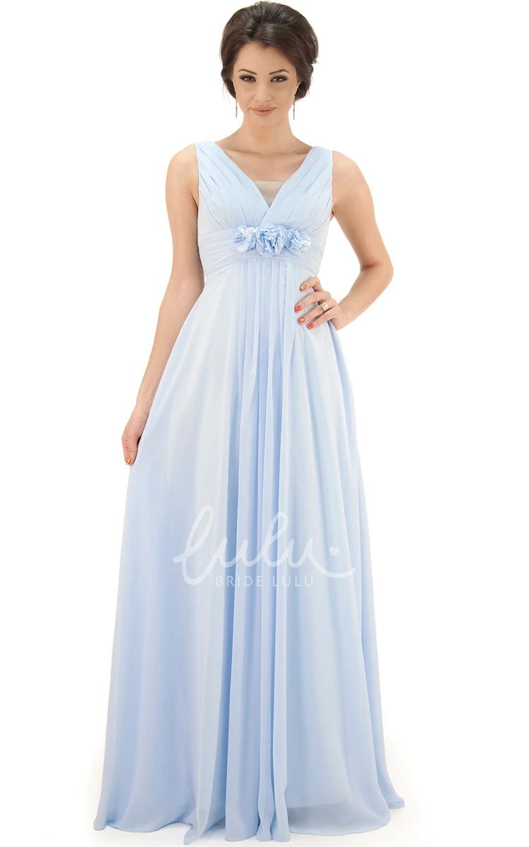 V-Neck Chiffon Bridesmaid Dress with Ruched Flower Detail and V-Back