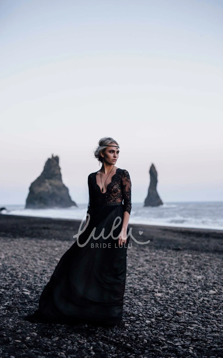 Black Lace Sheath Wedding Dress V-neck Illusion Back 3-4 Sleeve Floor-length