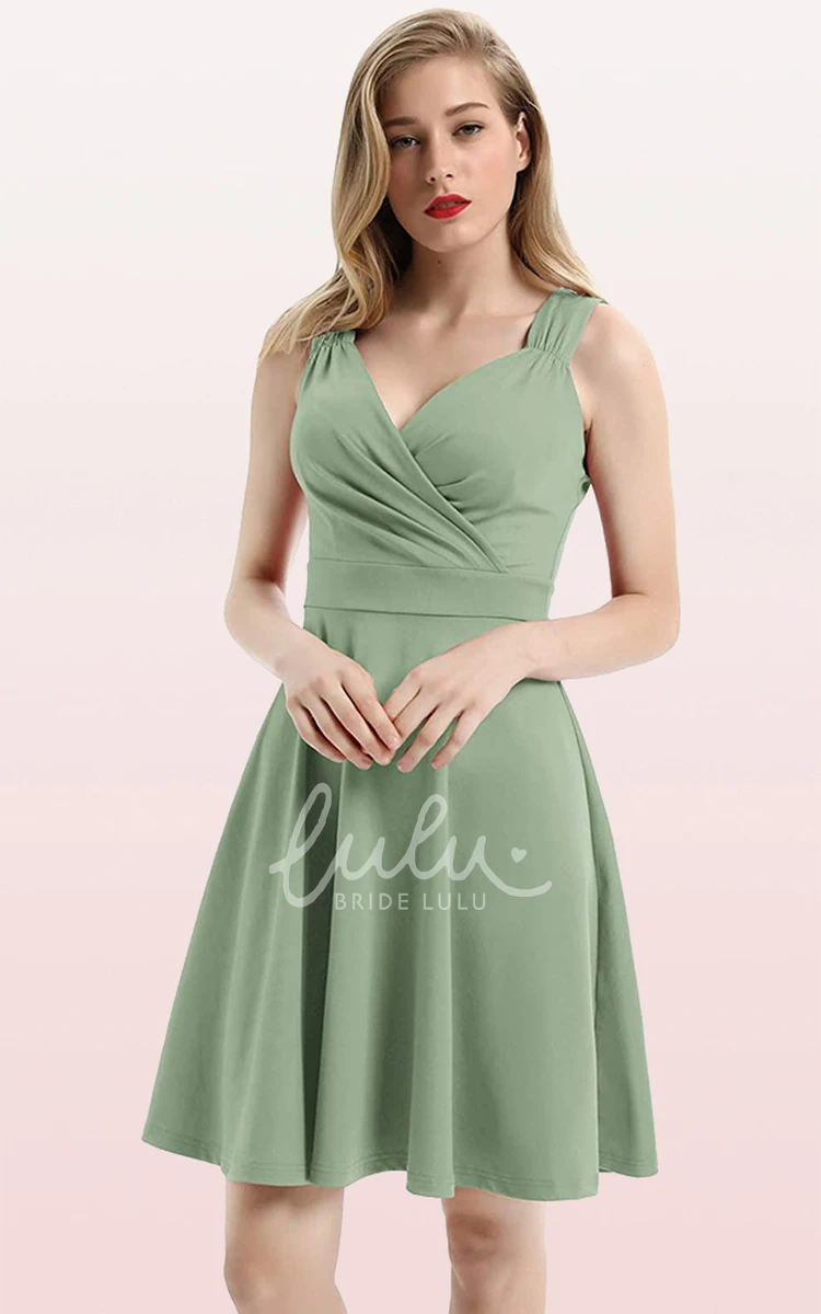 Sleeveless A Line Jersey V-neck Cocktail Dress with Ruffles Casual Prom Dress