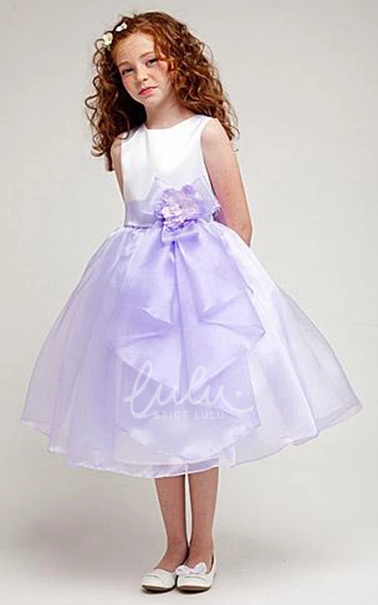 Organza & Satin Tea-Length Flower Girl Dress with Bow Wedding Dress