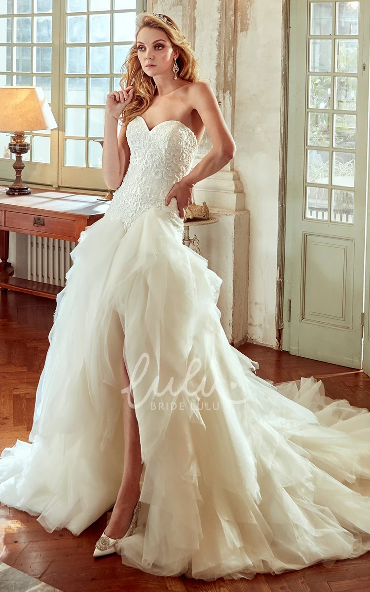 High-Low Wedding Dress with Ruching Skirt and Lace Corset Sweetheart Unique