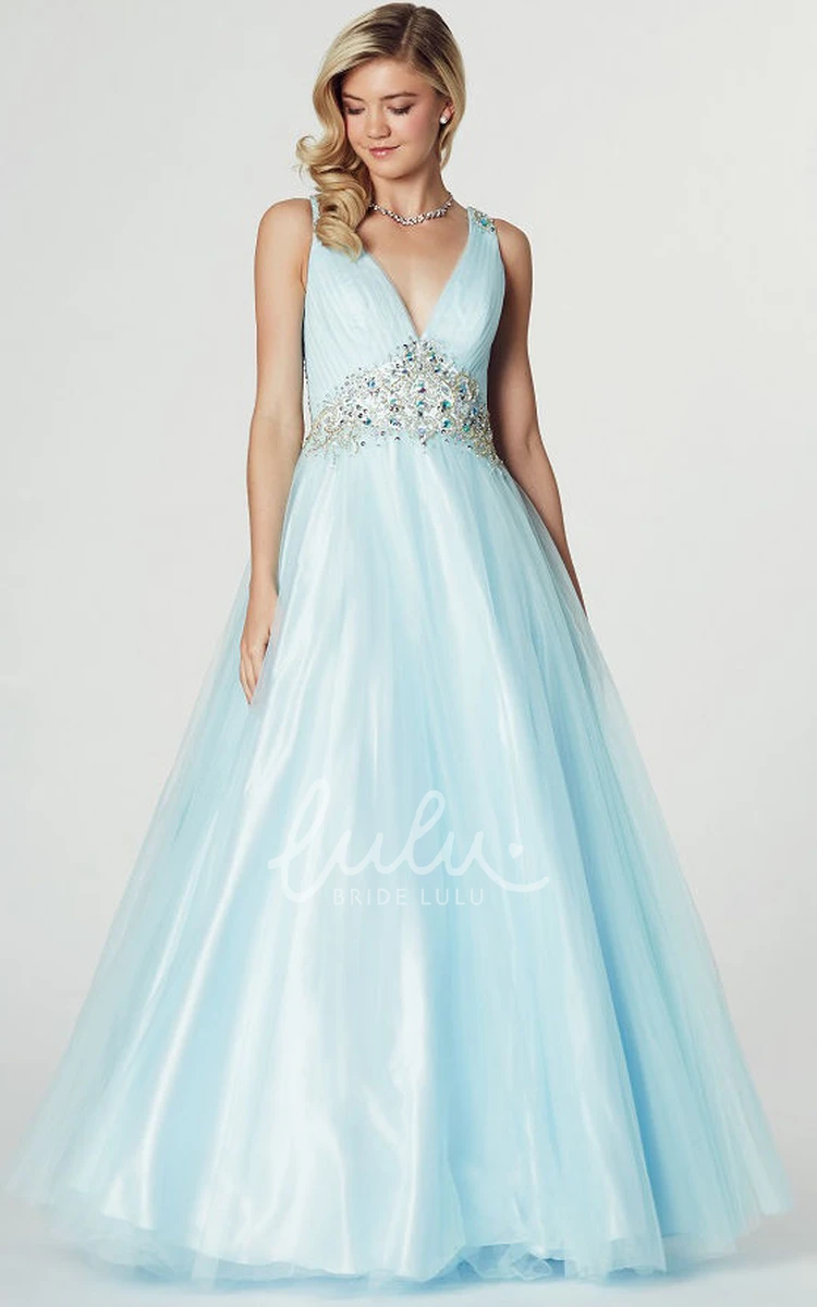 V-Neck Sleeveless Ruched A-Line Tulle Prom Dress