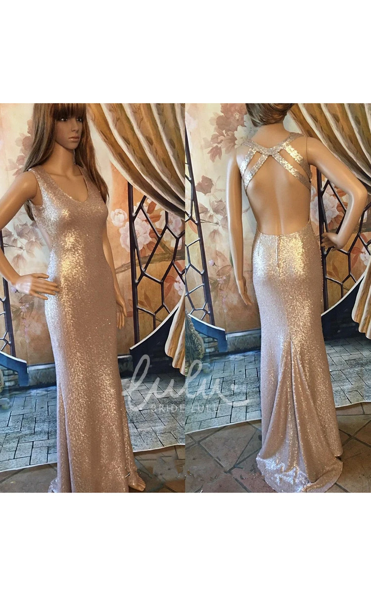 Sequined V-neck Prom Dress with Open Back and Form Fitting Silhouette