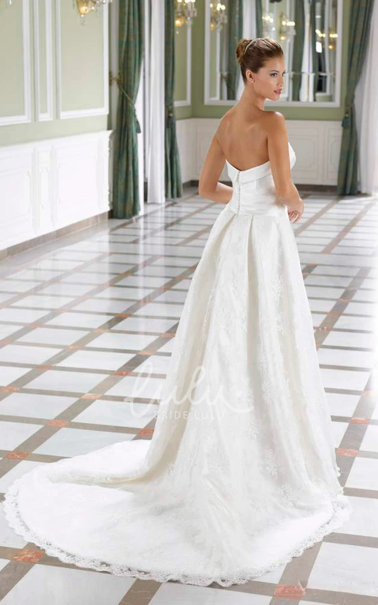 Strapless Satin&Lace A-Line Wedding Dress with Court Train and Backless Style