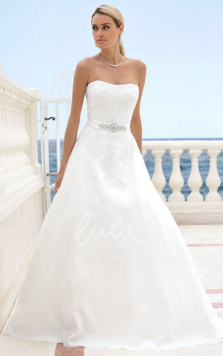 Strapless Satin Wedding Dress with Waist Jewelry and Appliques