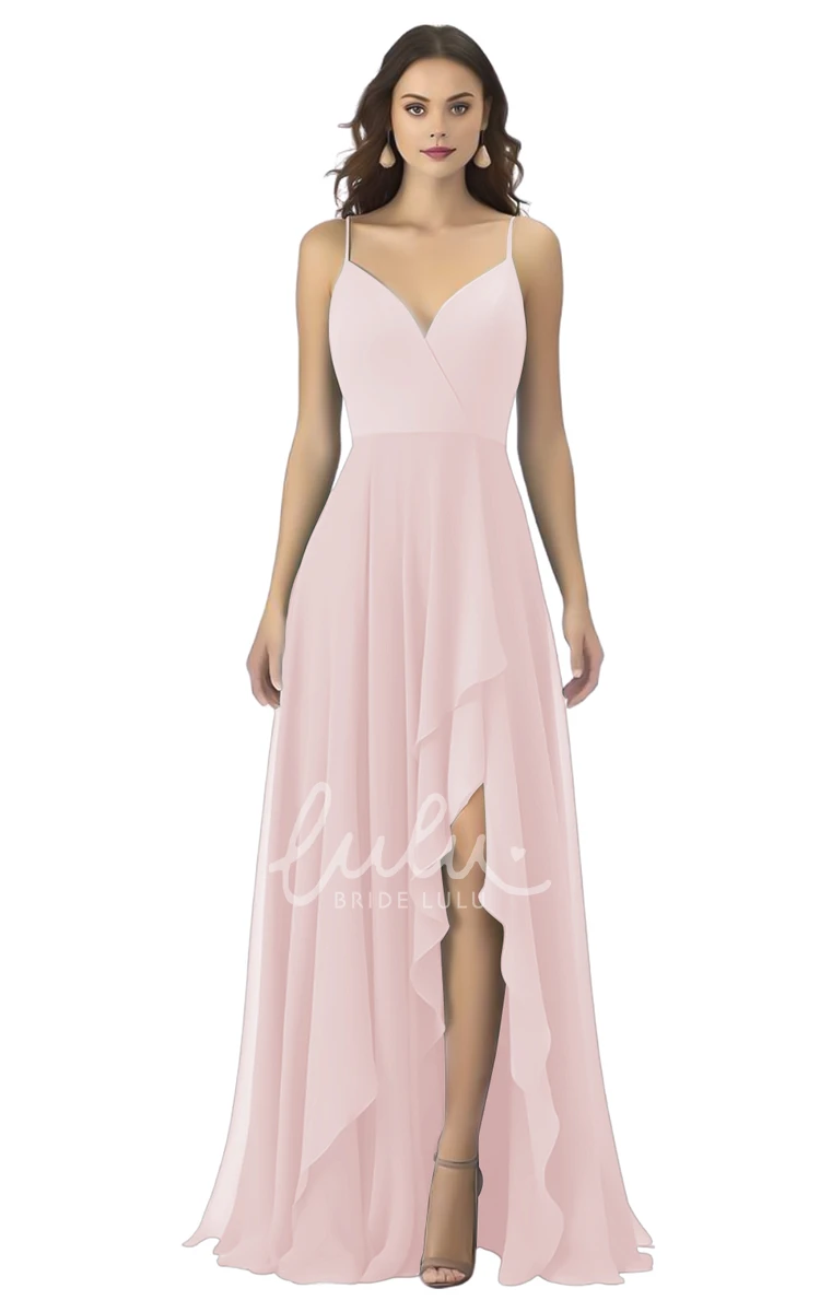 Bohemian Chiffon Spaghetti Bridesmaid Dress with Front Split A-Line Unique Wedding Dress