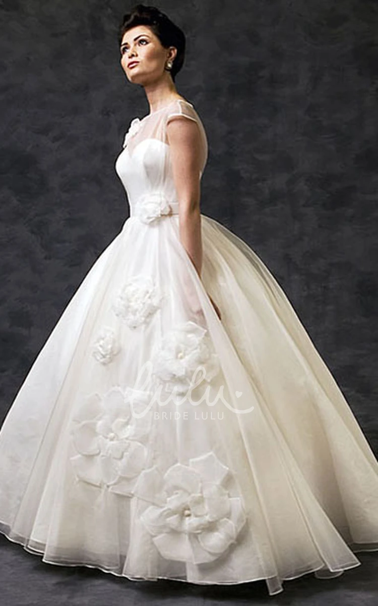 Ball Gown Tulle Wedding Dress with Flower and Illusion Short-Sleeve Bateau-Neck Floor-Length