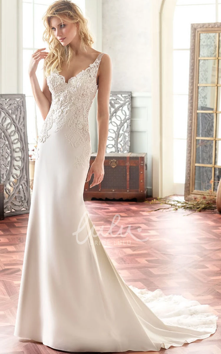 Maxi Chiffon Appliqued V-Neck Wedding Dress Flowy Bridal Gown