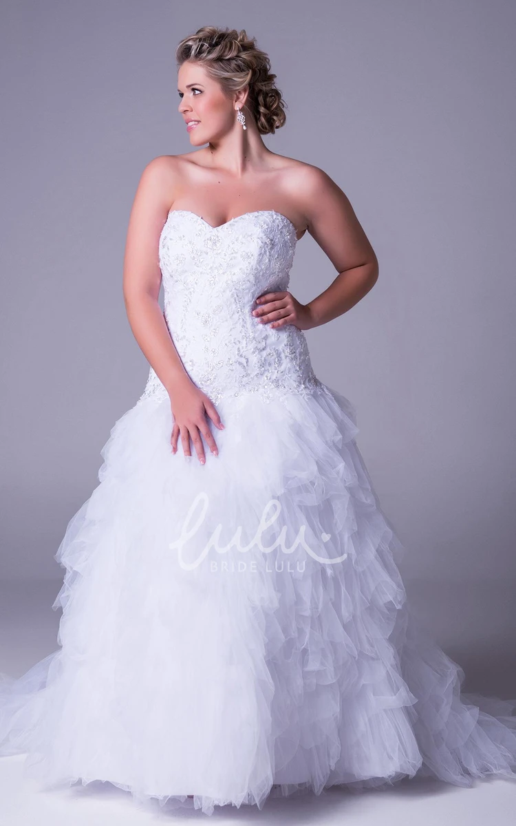 Plus Size A-Line Tulle Wedding Dress with Sweetheart Neckline Ruffles and Beading