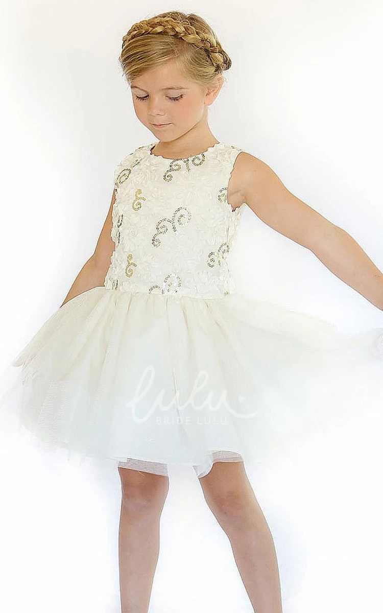 Knee-Length Ribboned Flower Girl Dress with Embroidered Floral Tulle&Sequins
