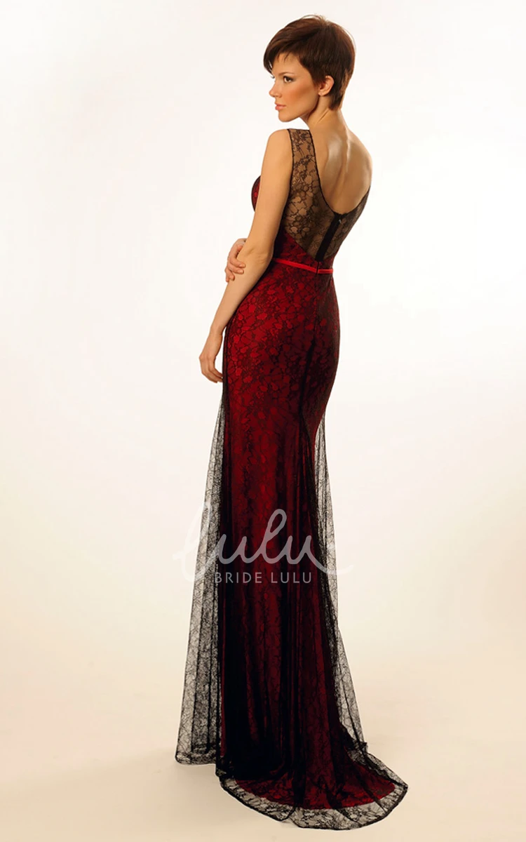 Appliqued Sleeveless Sheath Prom Dress with Low-V Back and Sweep Train