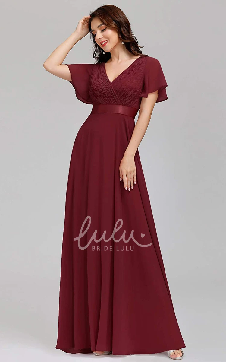 Romantic Chiffon V-neck A-line Prom Evening Dress with Ruffles and Short Sleeves Bridesmaid Dress