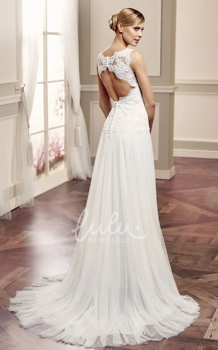 Sleeveless Sheath Tulle&Lace Wedding Dress with Brush Train