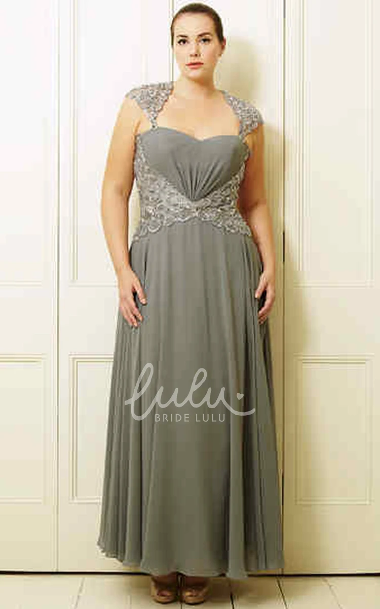 Plus Size Chiffon Prom Dress with A-Line Beaded Ankle-Length and Queen-Anne Neckline