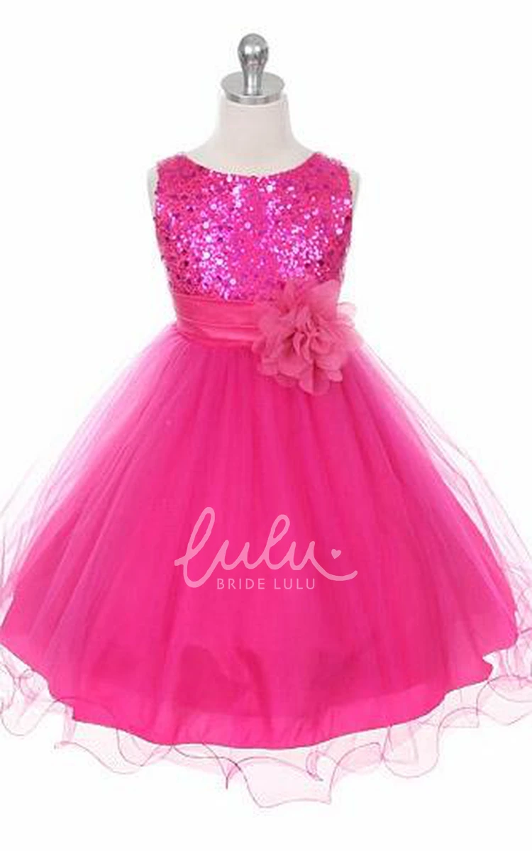 Sequin and Satin Floral Flower Girl Dress with Tiered Skirt and Sash