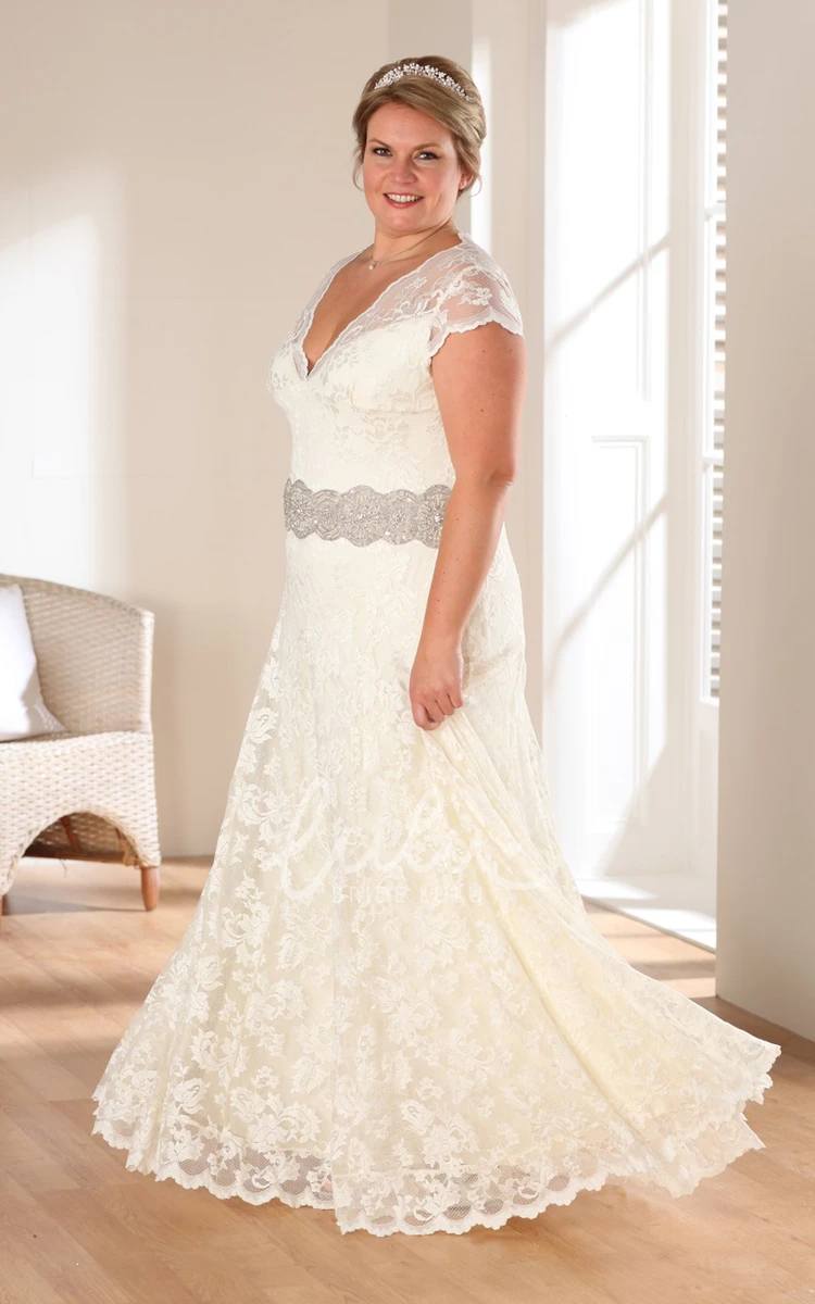 Long V-Neck A-Line Wedding Dress with Cap Sleeves and Lace Appliques