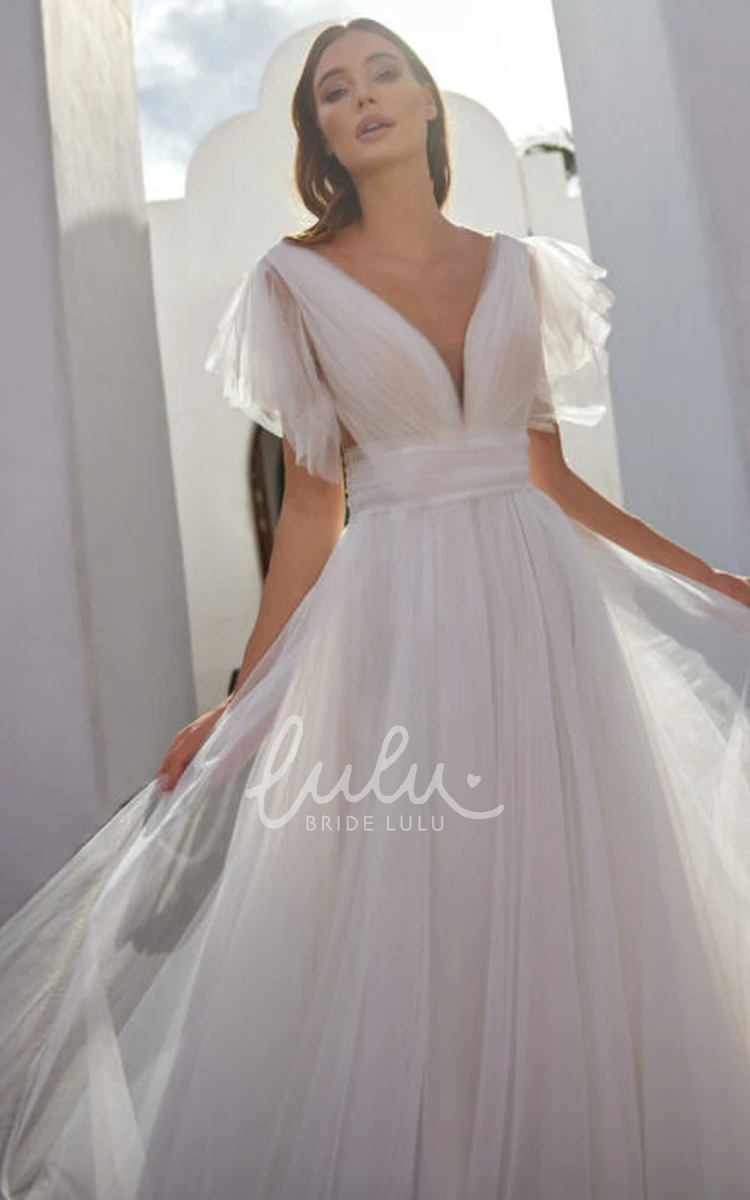 Short Sleeve V-Neck A-Line Tulle Wedding Dress Simple and Elegant Bridal Gown