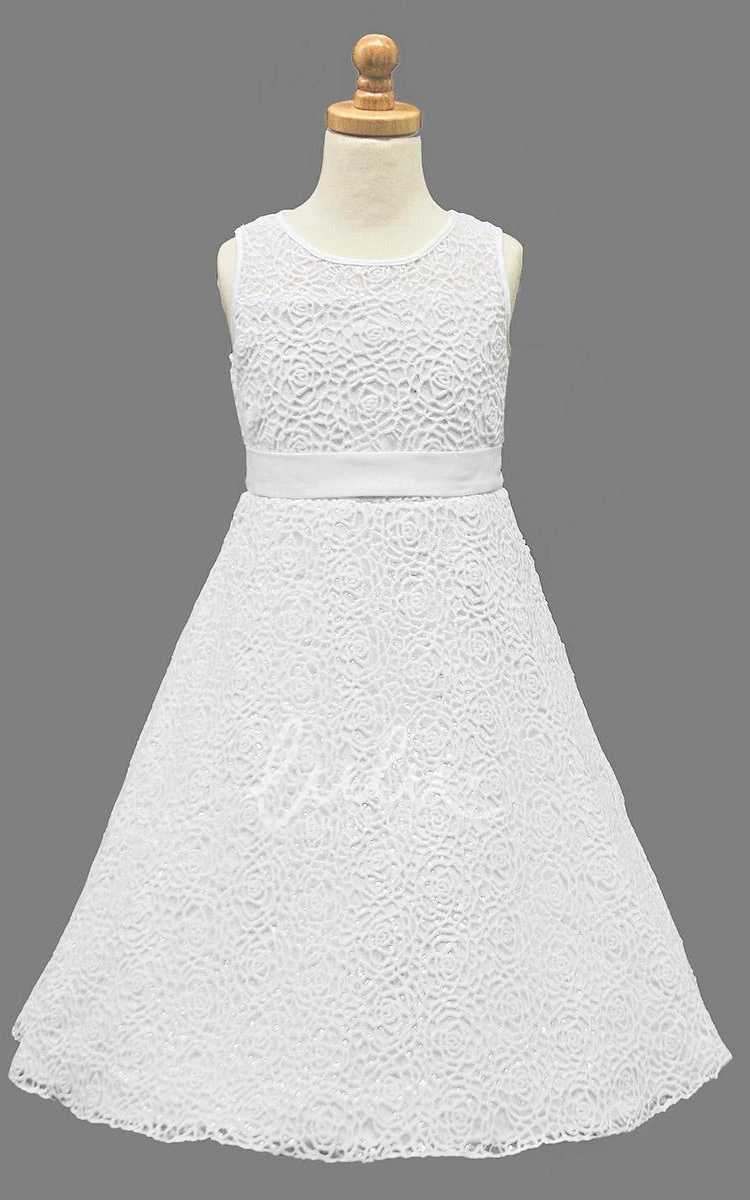 Embroidered Lace Tea-Length Tiered Flower Girl Dress Simple and Elegant Dress