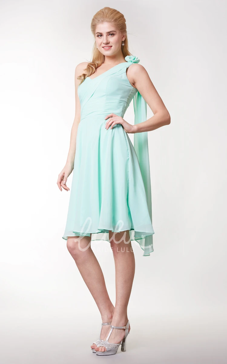 One-shoulder Chiffon Bridesmaid Dress with Flower Knee Length & Modern