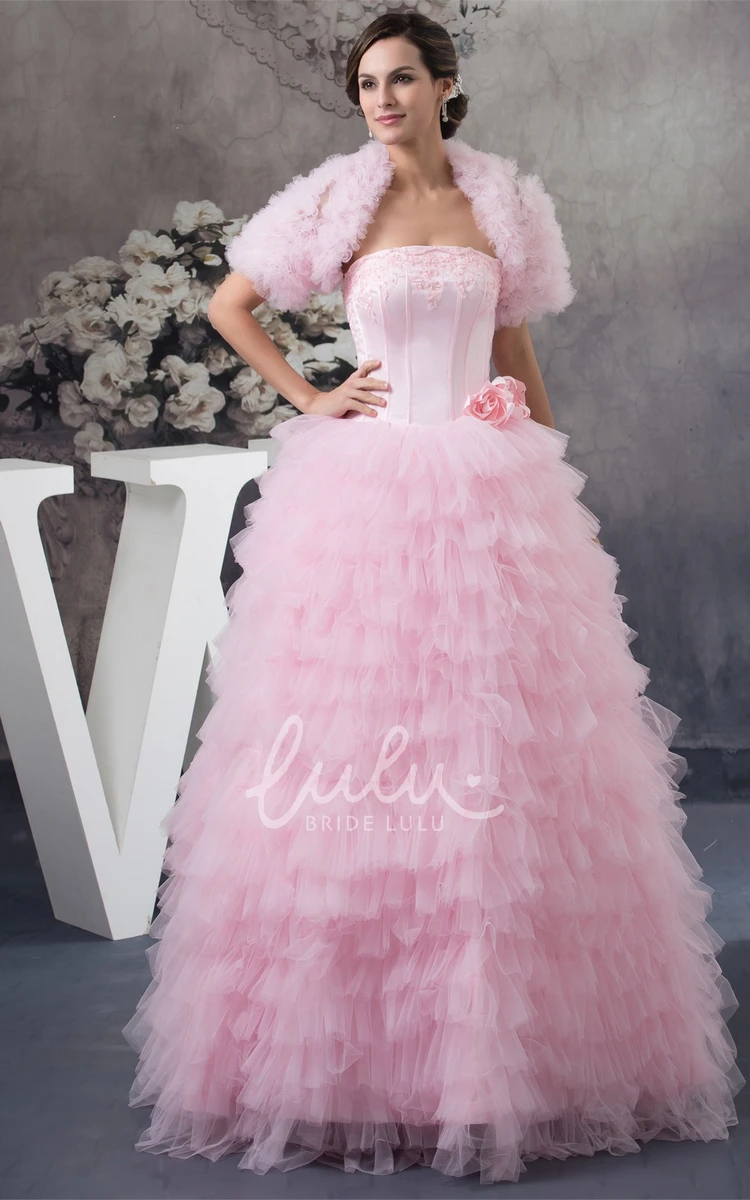 Ruffled Tulle Ball Gown Quinceanera Dress with Bolero Strapless Formal Dress