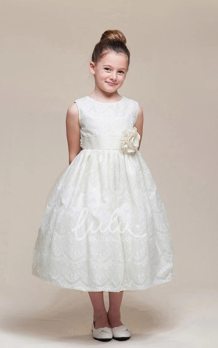 Beaded Floral Lace Tea-Length Flower Girl Dress with Ribbon