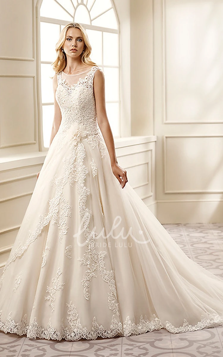 Lace Appliqued Wedding Dress with Flower and Pleats A-Line Floor-Length Sleeveless