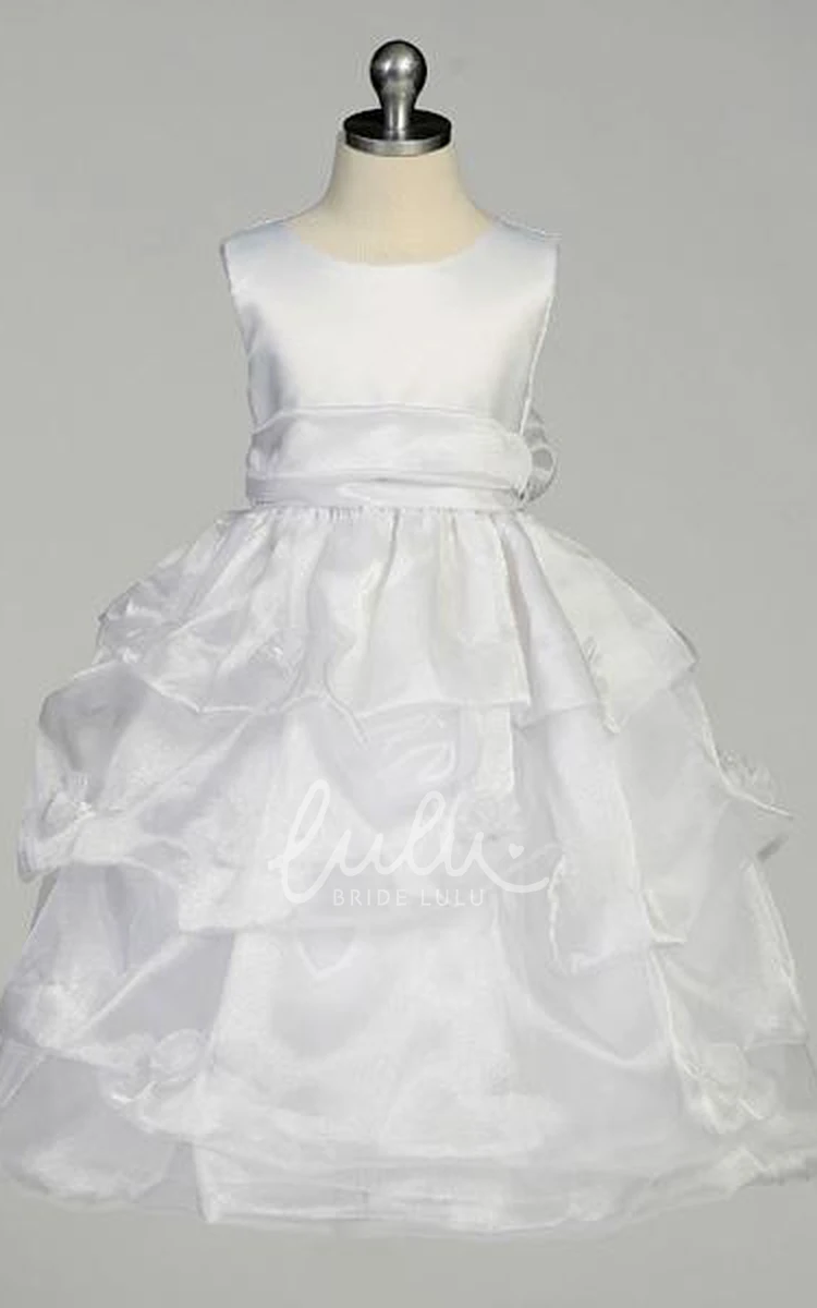 Ruched Organza Satin Flower Girl Dress Tea-Length