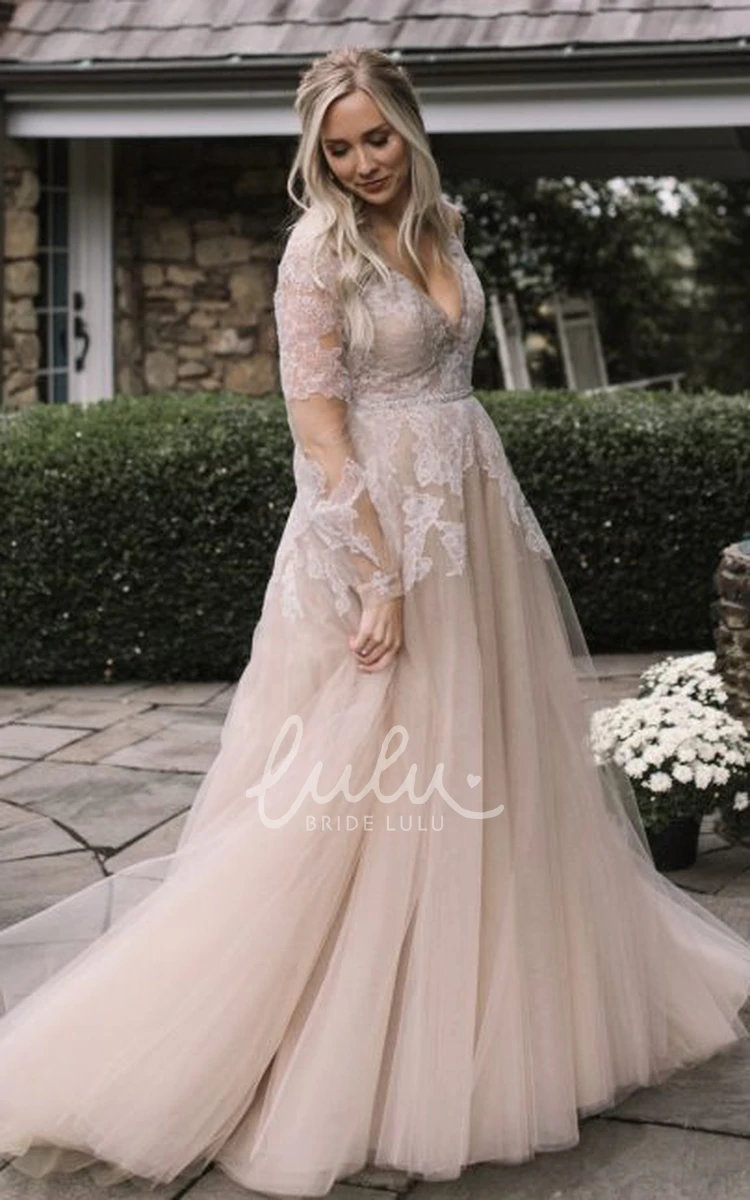 Lace V-neck A-line Long Sleeve Wedding Dress Romantic and Chic
