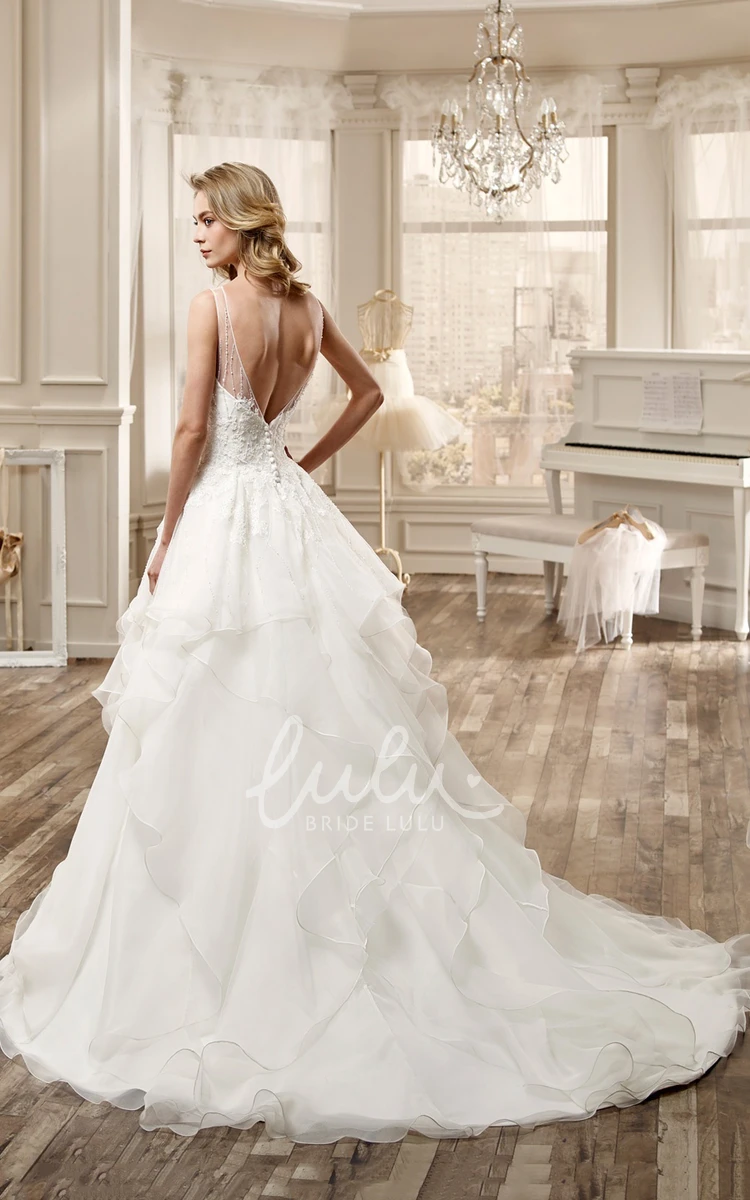 Jewel-Neck Cascading Ruffles Beaded Wedding Dress High-Low Style