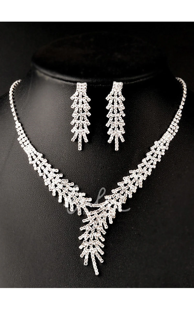 Classic Feather Shape Rhinestone Necklace and Earrings Jewelry Set