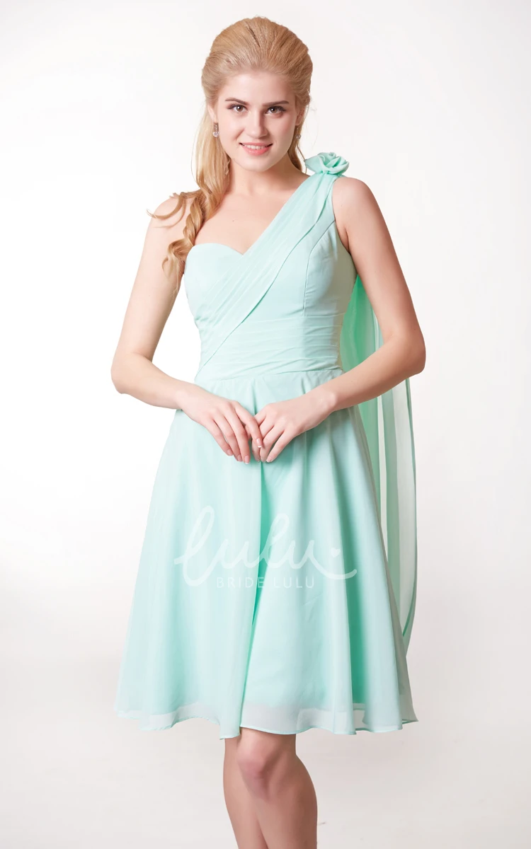 One-shoulder Chiffon Bridesmaid Dress with Flower Knee Length & Modern