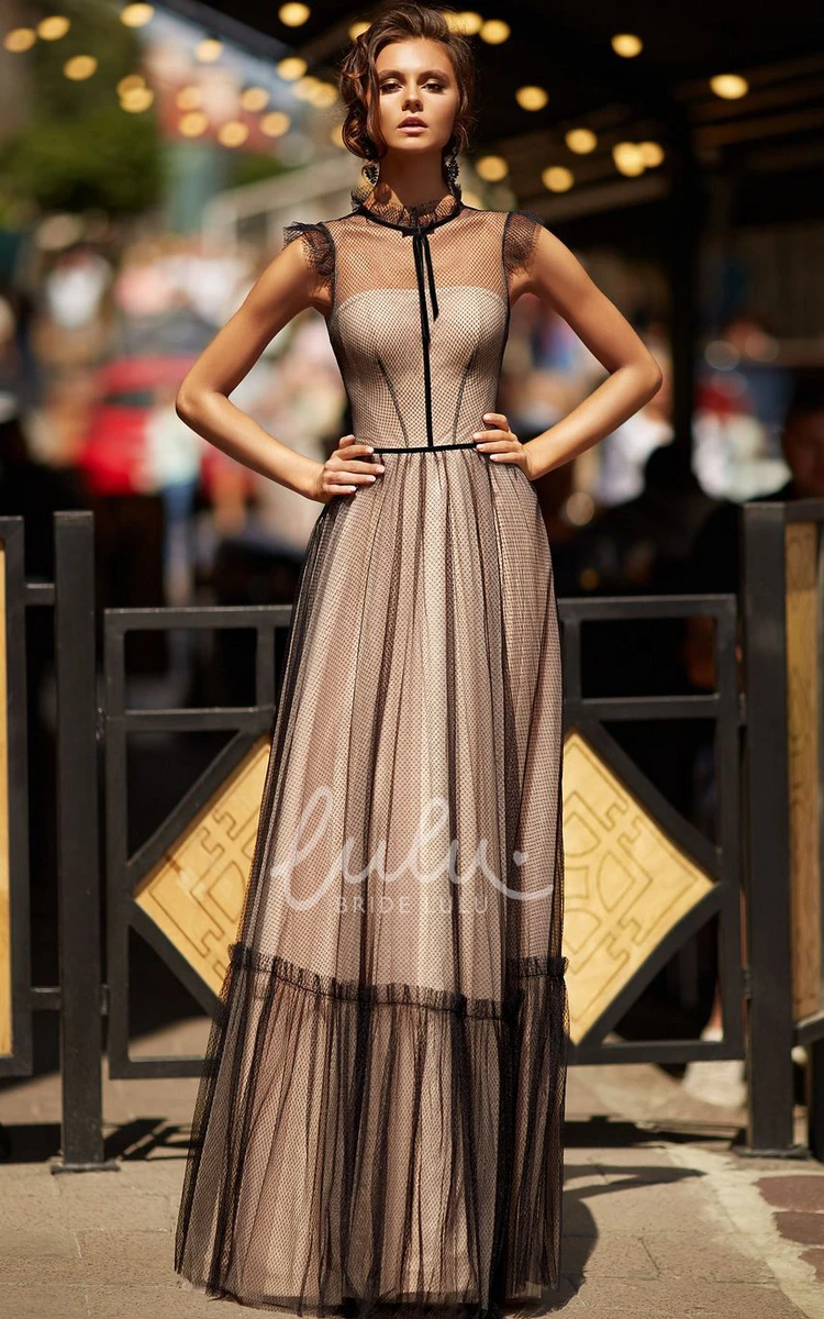 High Neck A Line Tulle Formal Dress with Bow and Floor-length