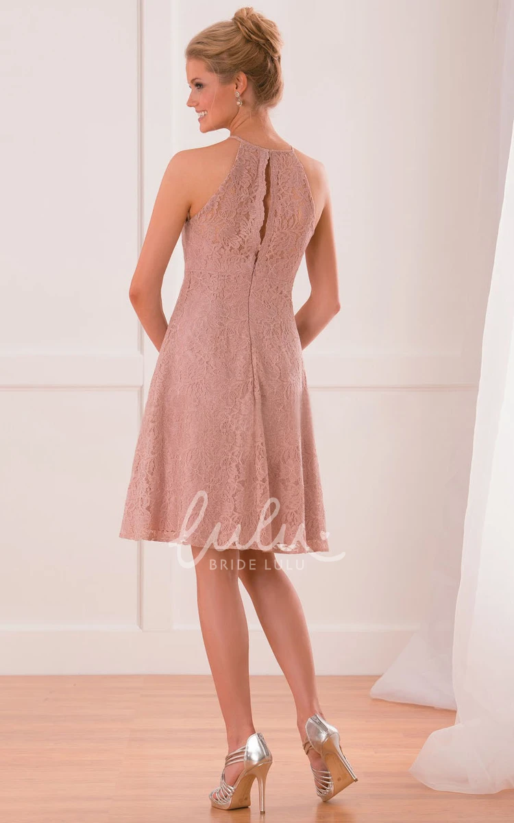 Knee-Length Lace Bridesmaid Dress with High Neck and Keyhole