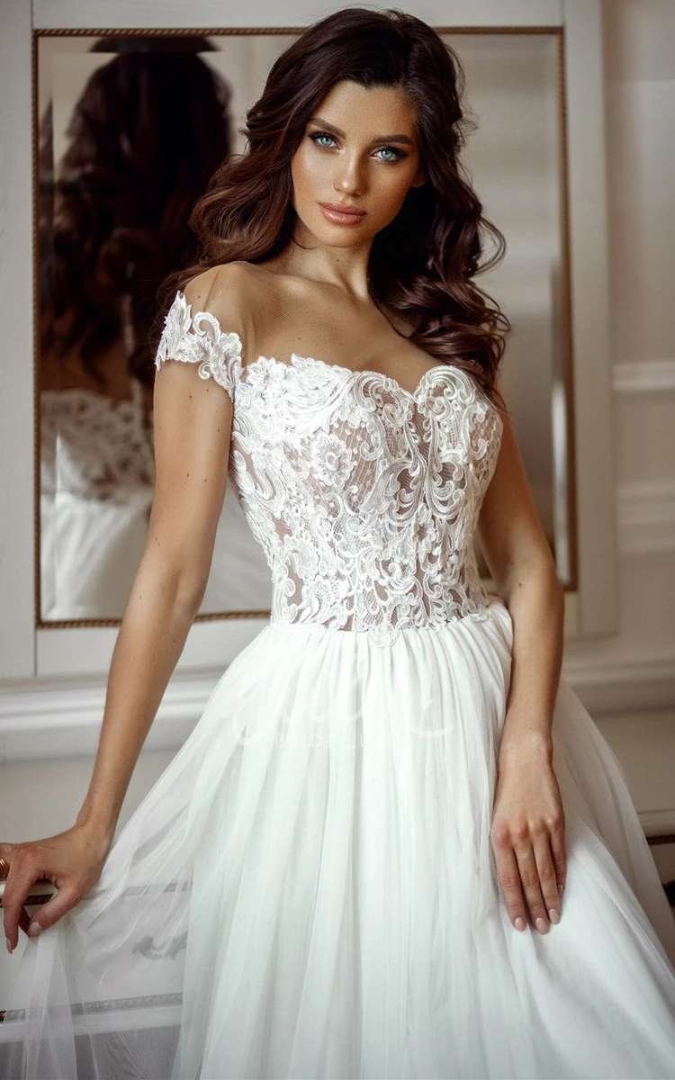 Off-the-shoulder Chiffon A Line Wedding Dress with Sweep Train Casual and Stylish