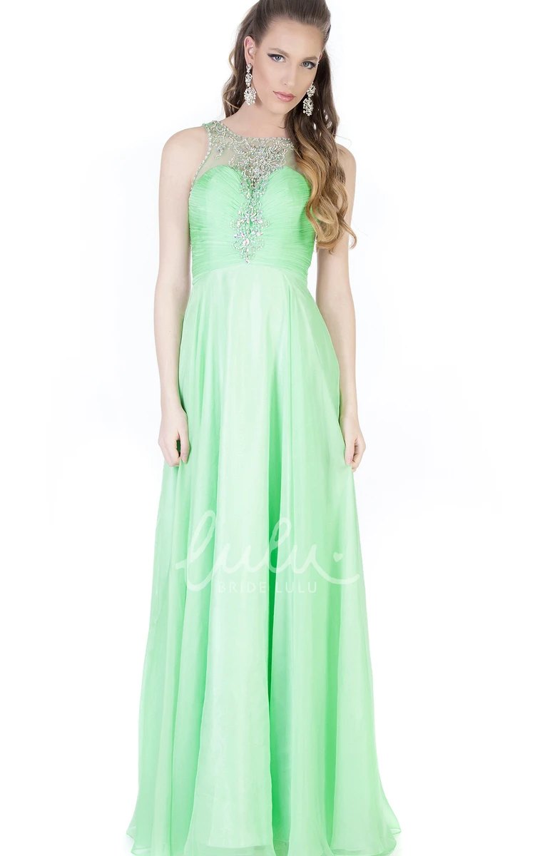 A-Line Beaded Sleeveless Chiffon Evening Dress with Jewel-Neck Floor-Length