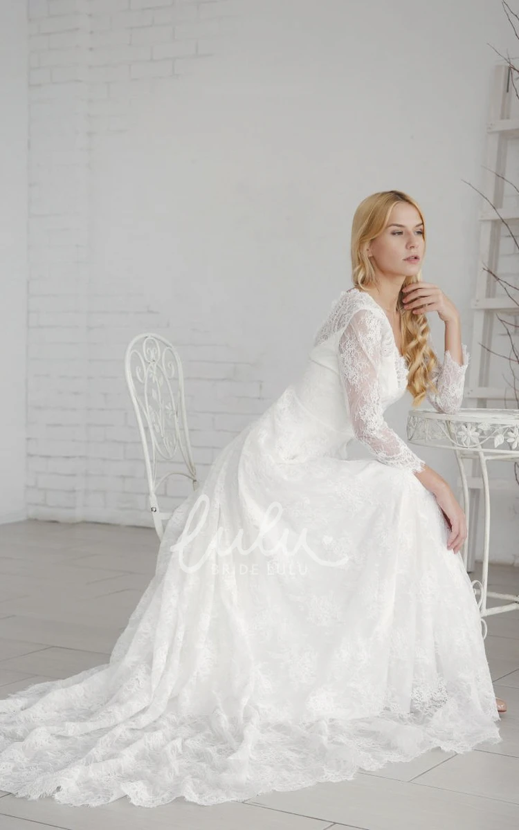 Long Sleeve Lace Wedding Dress with V-neck and Deep V-back Elegant A-line Long Sleeve Wedding Dress