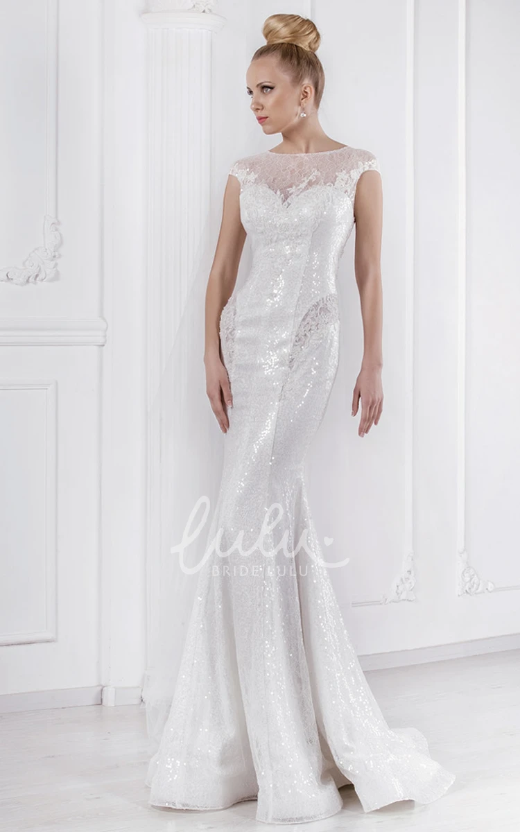 Sequined Lace Sheath Wedding Dress with Illusion Neckline