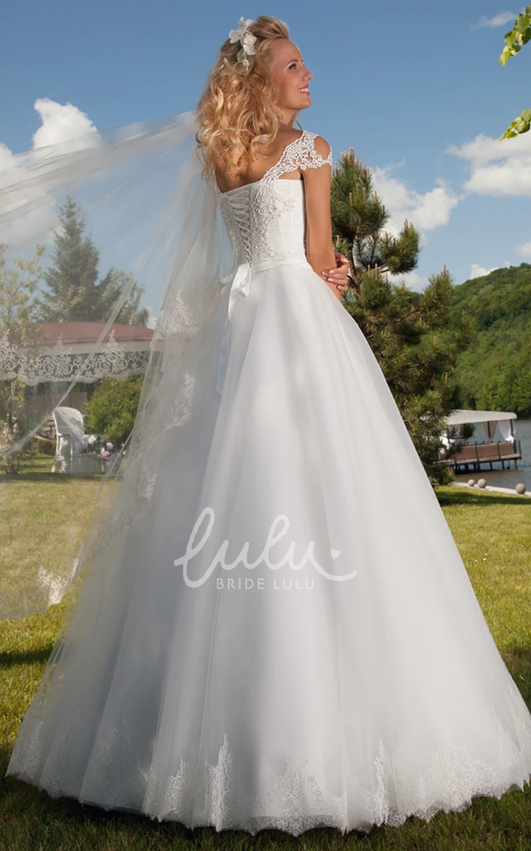 Cap Sleeve Square Neck Tulle A-Line Wedding Dress with Applique and Lace-Up Modern Bridal Gown