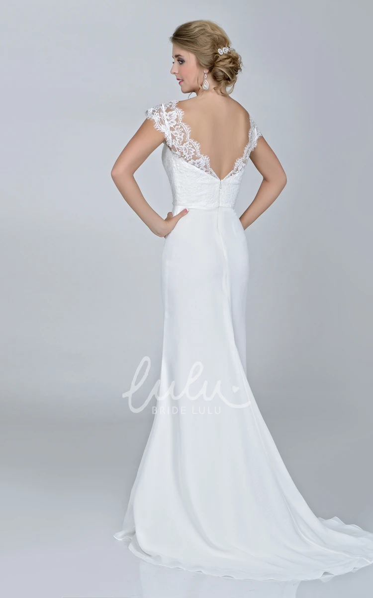 Lace Bodice Chiffon Wedding Dress with Beaded Waist Low-V Back Cap Sleeve
