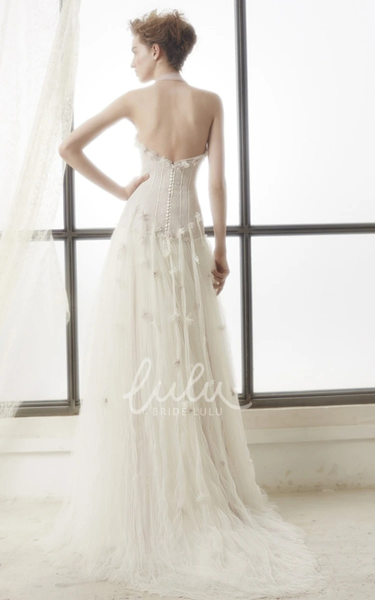 Halter Floral A-Line Tulle Wedding Dress with Sweep Train and Backless Style