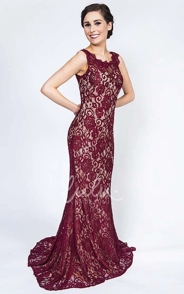 Sheath Lace Maxi Prom Dress with Illusion Back and Brush Train Classy Sleeveless Dress